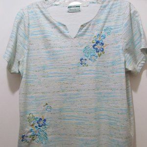 Shenanigans Short Sleeve Top Embroidered Hibiscus Flowers